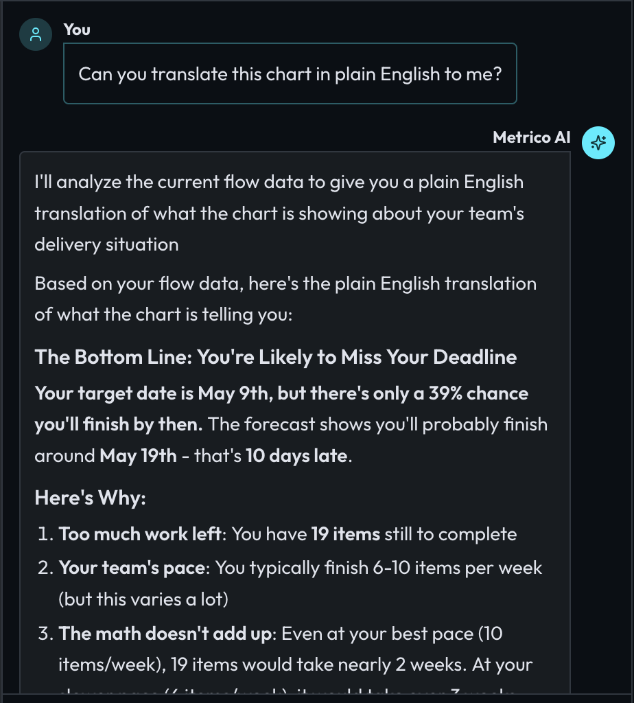 Chat: question about translating a chart in plain English, and the beginning of Metrico AI’s response