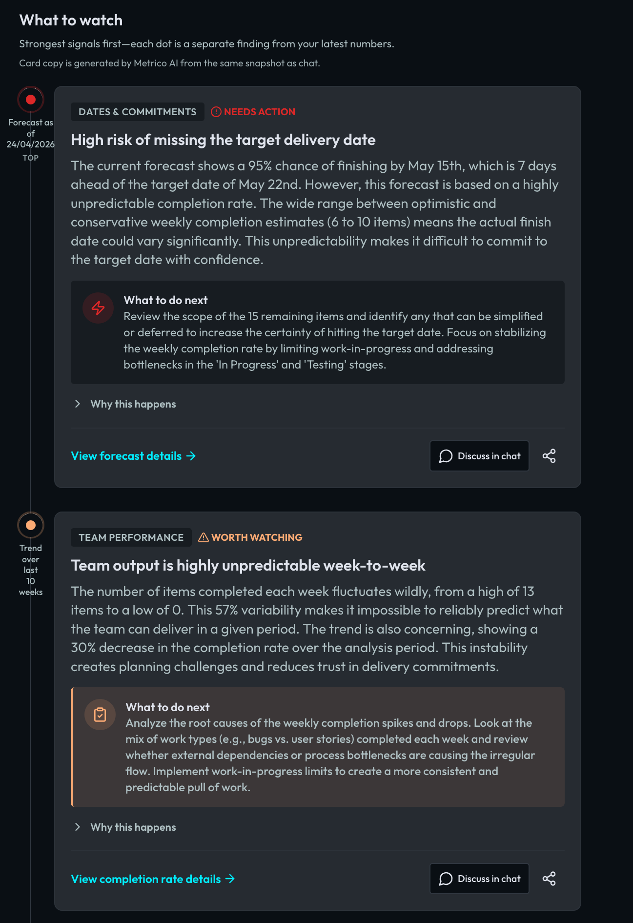 Diagnosis agent feed: dated findings with Needs Action and Worth Watching labels, each with a What to do next recommendation